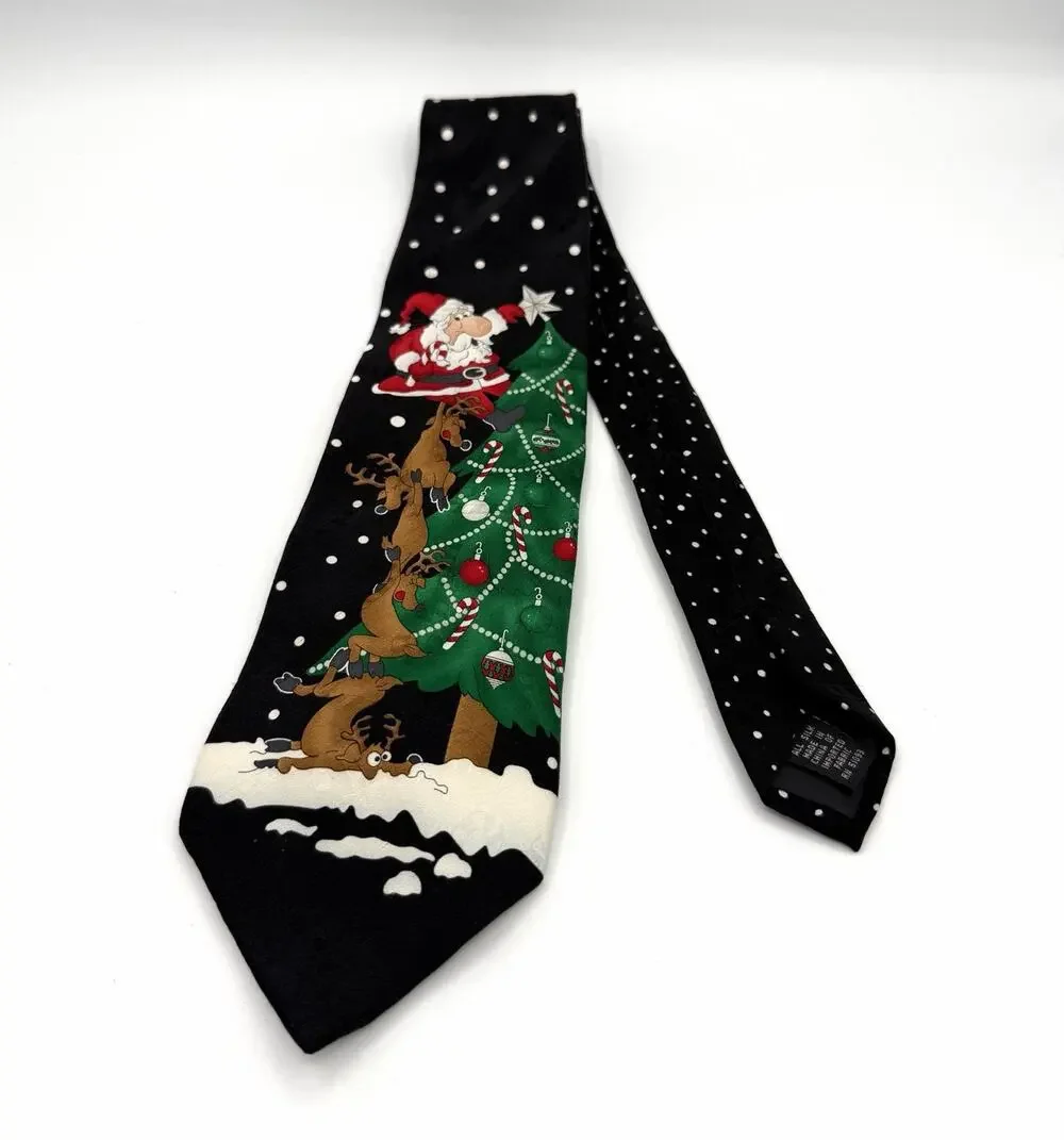 Hallmark Santa & Reindeer Christmas Tree Decorating Funny Holiday Fun Tie Black